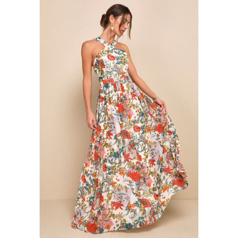 Lulus Lilja Cream Floral Print Maxi Dress Beige - Size M